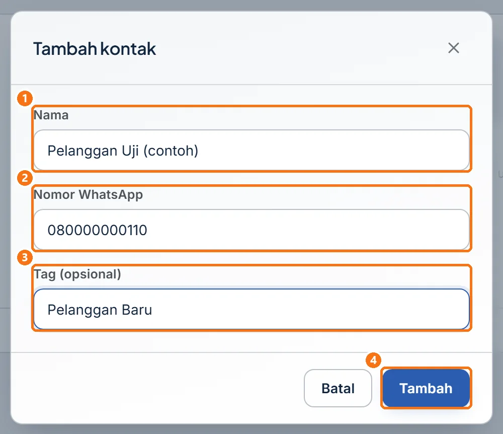 Jendela Tambah kontak yang sudah terisi nama, nomor, dan tag