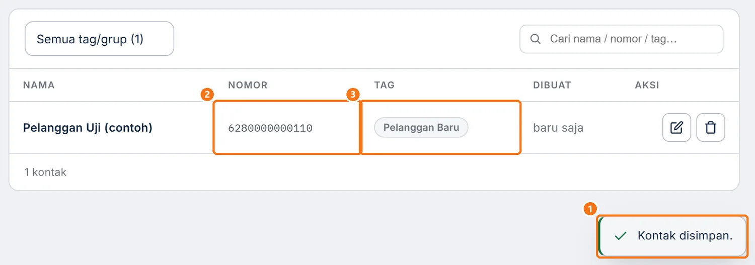 Kontak baru tampil di tabel Buku Kontak setelah disimpan