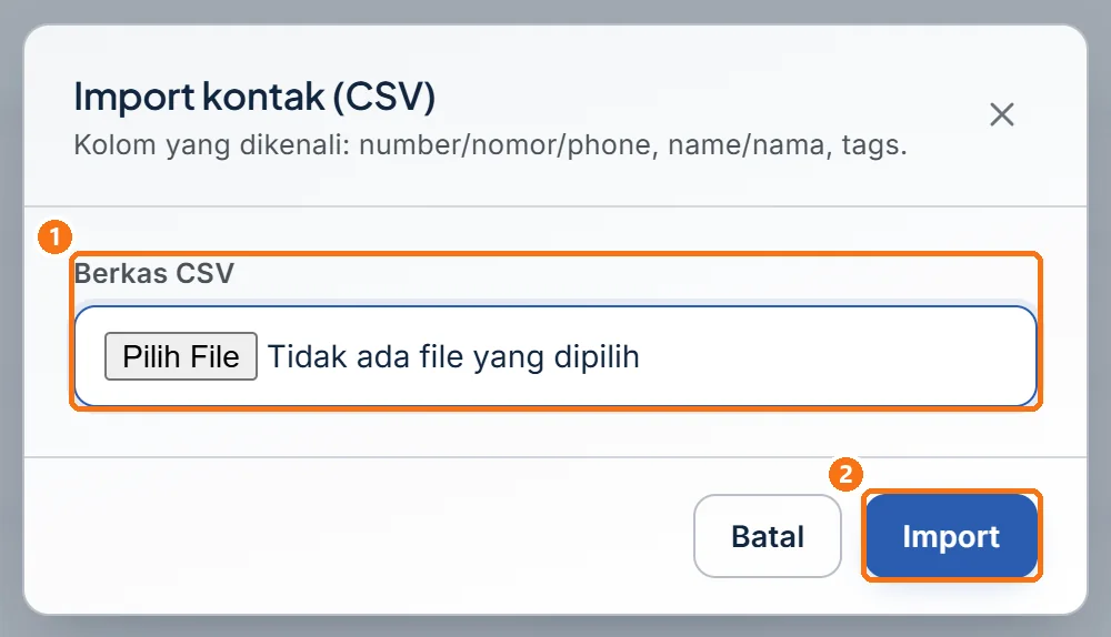 Jendela Import kontak (CSV) dengan kolom Berkas CSV dan tombol Import