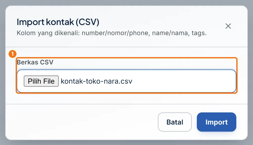 Jendela Import kontak (CSV) setelah file dipilih, nama file tampil di kolom Berkas CSV