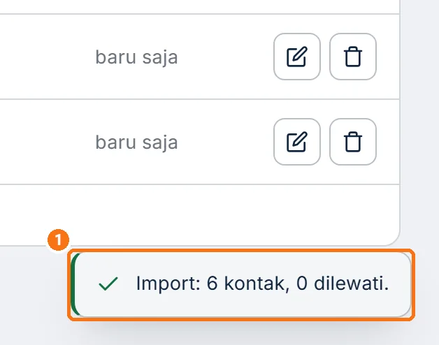 Hasil impor kontak dengan jumlah kontak yang dilewati