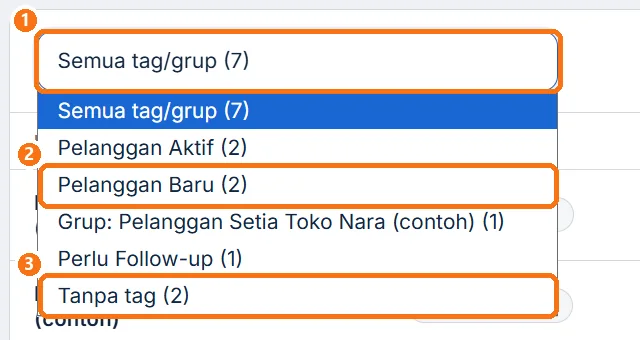 Dropdown Semua tag/grup terbuka, berisi tag Pelanggan Baru dan pilihan Tanpa tag