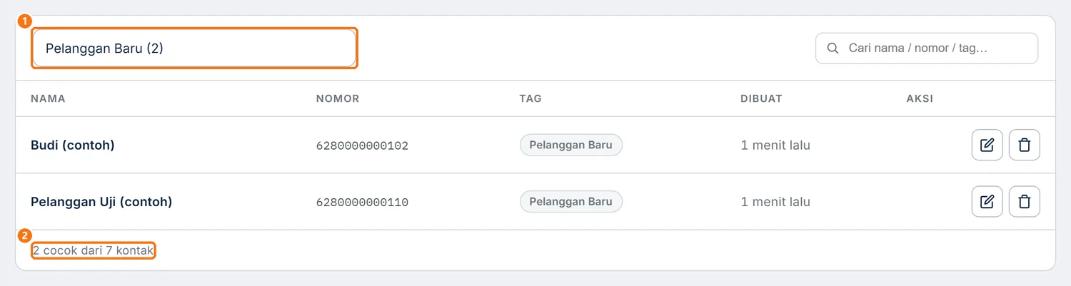 Daftar kontak tersaring tag Pelanggan Baru