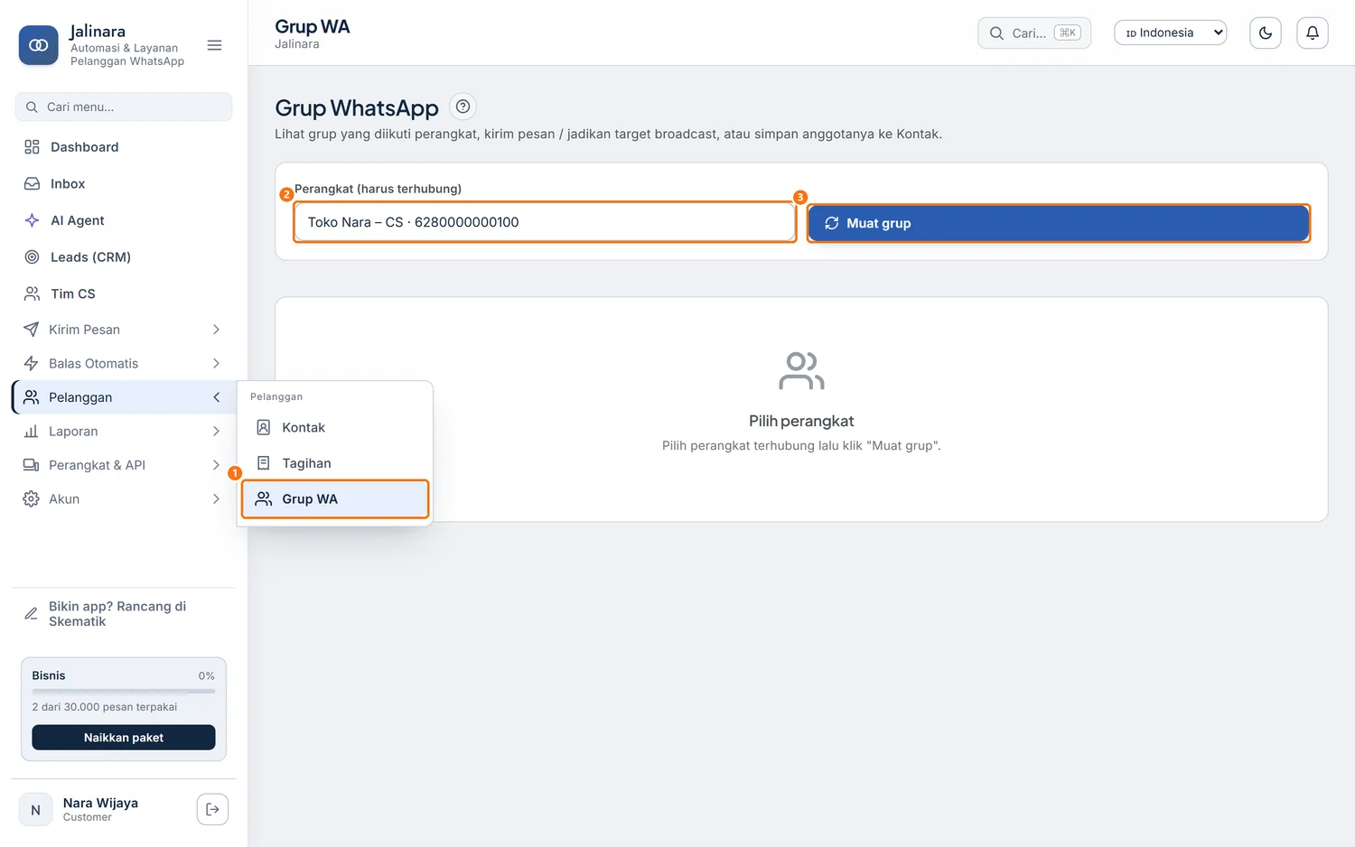 Halaman Grup WhatsApp sebelum grup dimuat, dengan pilihan perangkat dan tombol Muat grup