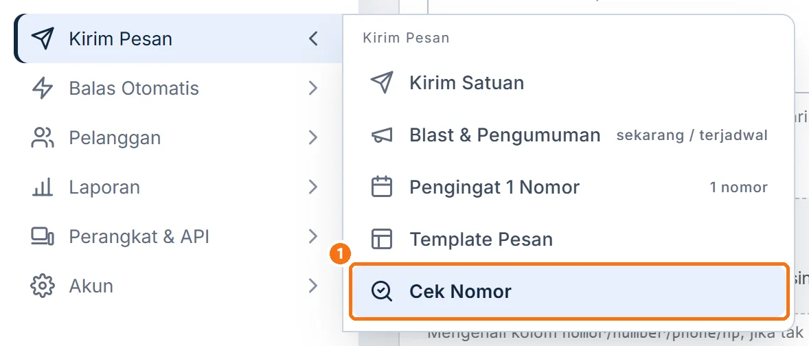 Submenu Kirim Pesan terbuka dengan menu Cek Nomor