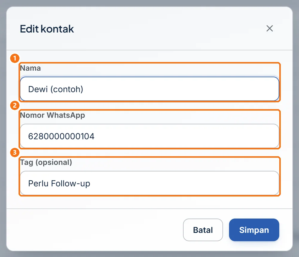 Jendela Edit kontak dengan data lama terisi di Nama, Nomor WhatsApp, dan Tag