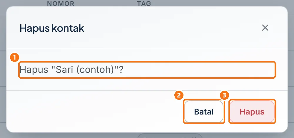 Dialog Hapus kontak berisi pertanyaan konfirmasi, tombol Batal, dan tombol Hapus