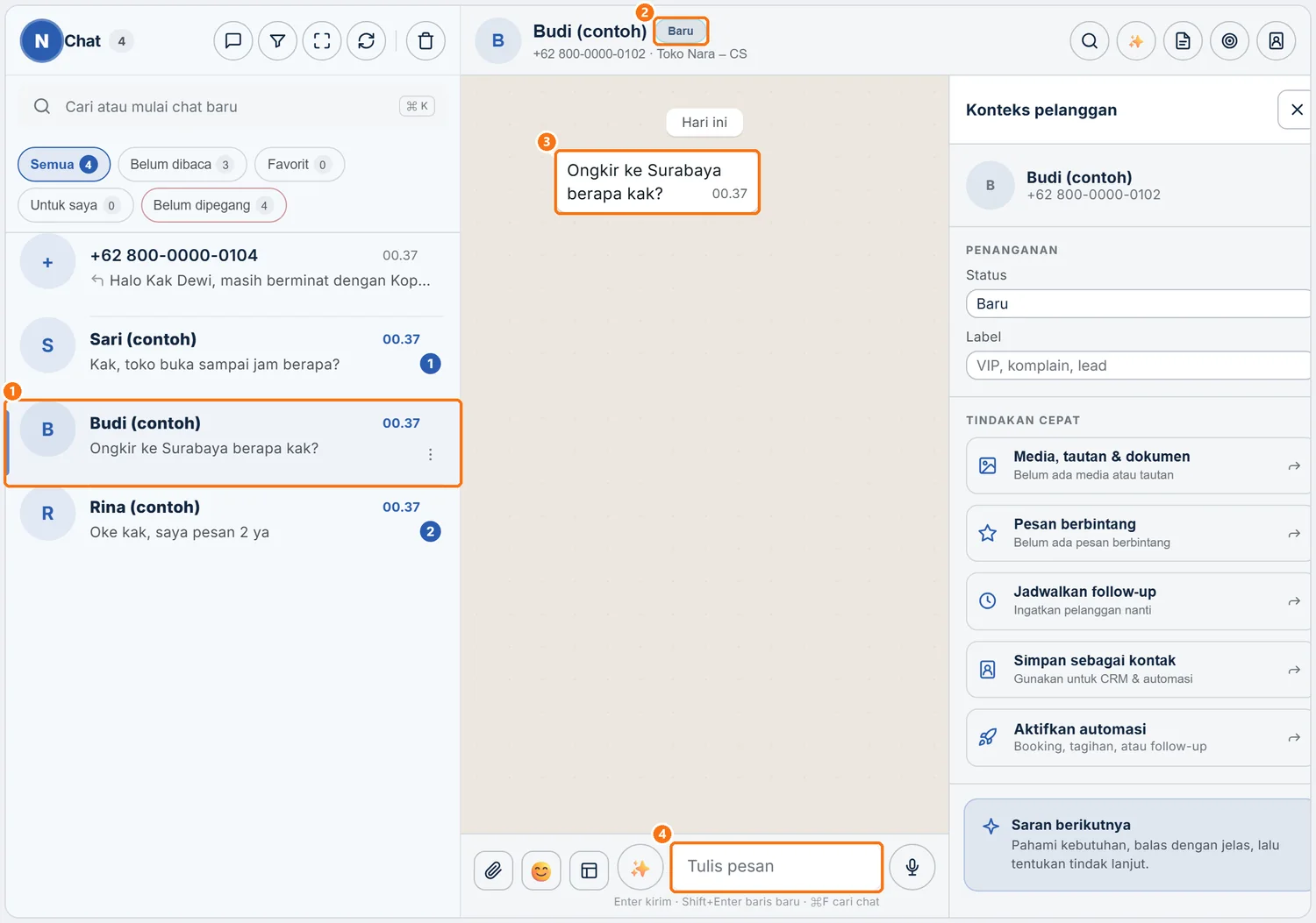 Chat Budi (contoh) terbuka dan siap dibalas