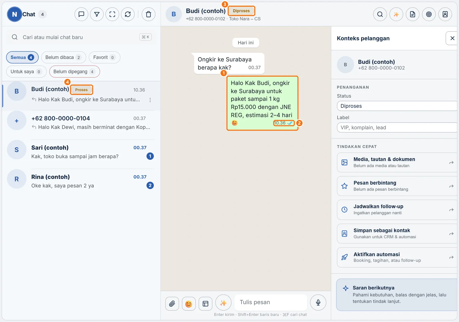 Balasan sudah terkirim dan status chat berubah menjadi Diproses