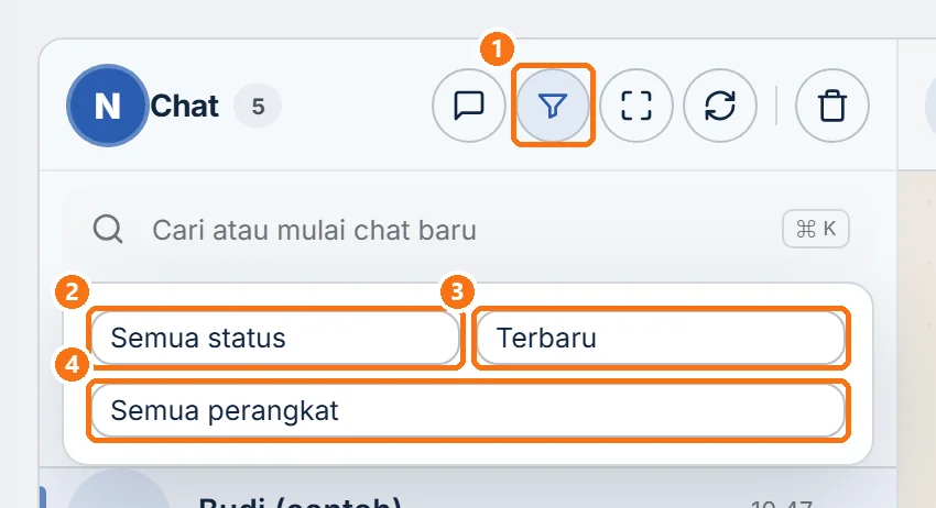 Panel Filter lanjutan terbuka di atas daftar chat