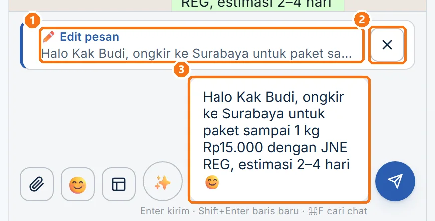 Mode Edit pesan: teks lama tampil di atas kolom Tulis pesan