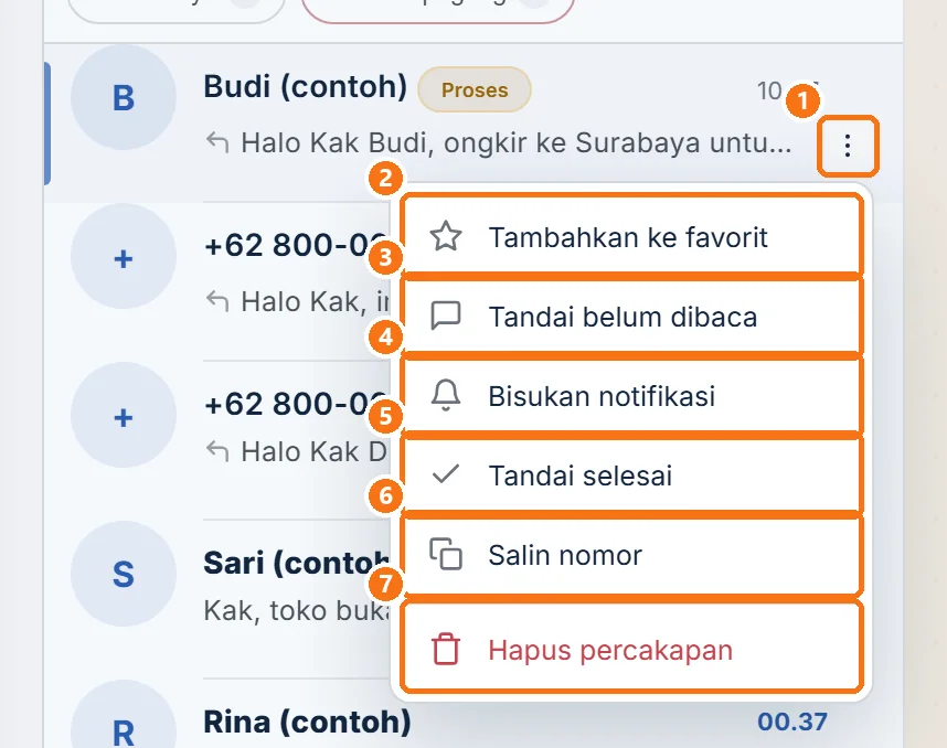 Menu chat pada baris chat dengan pilihan Tandai selesai