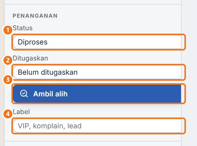 Bagian PENANGANAN berisi Status, Ditugaskan, tombol Ambil alih, dan Label