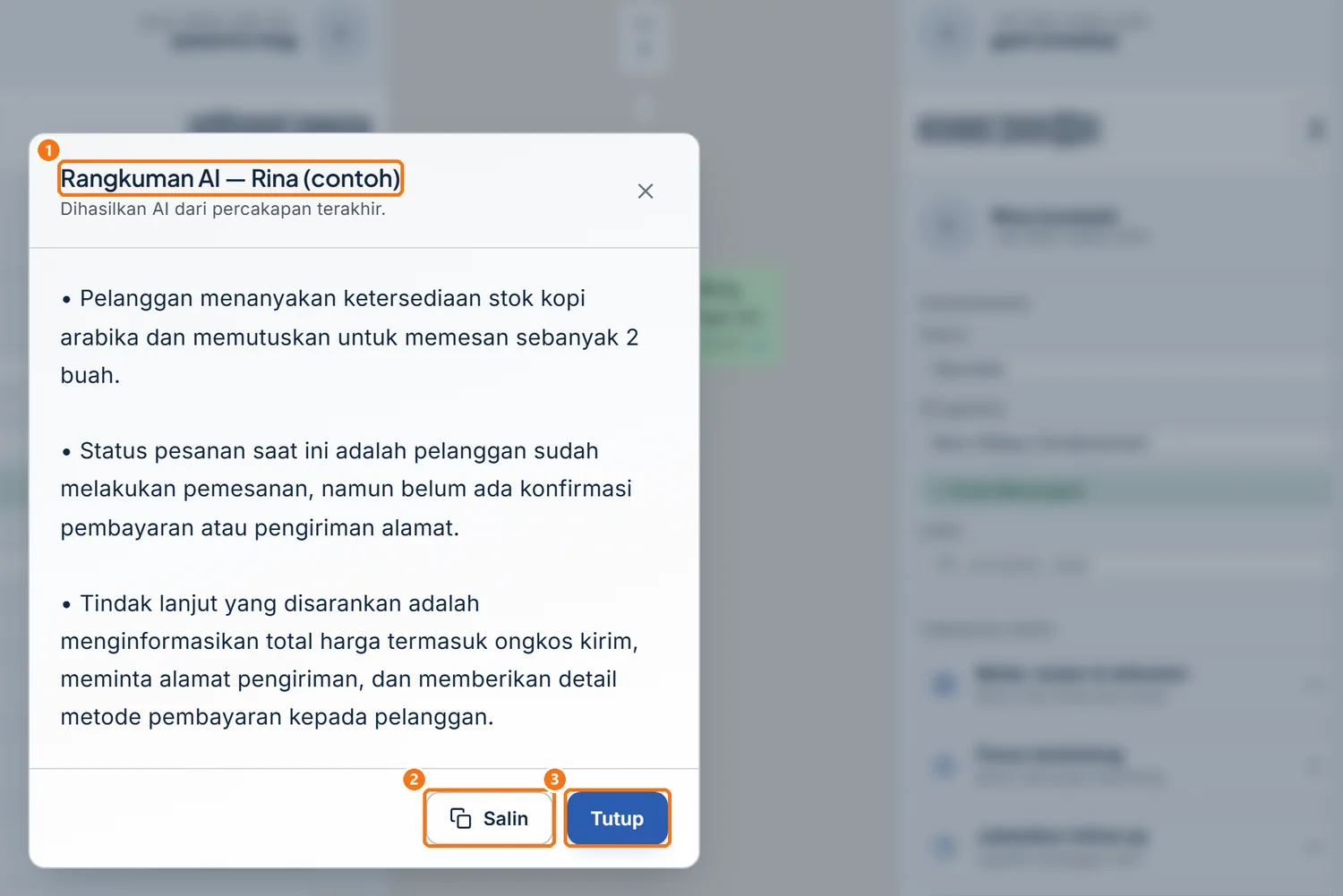 Jendela Rangkuman AI berisi ringkasan percakapan dan tombol Salin serta Tutup