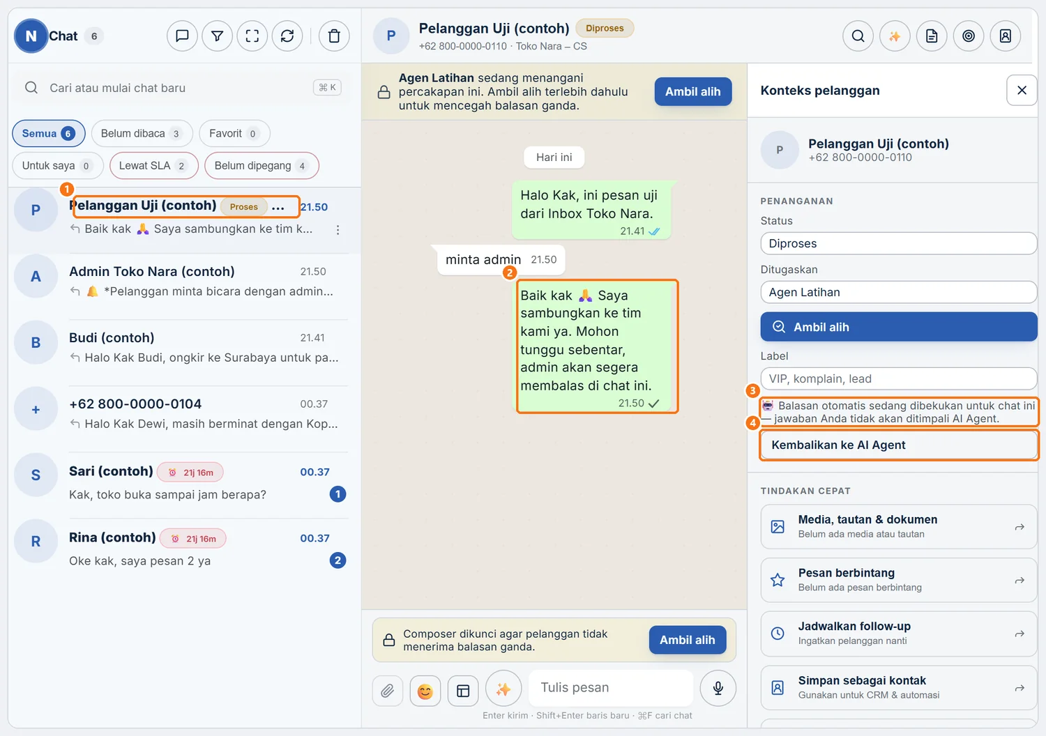 Chat di Inbox yang sedang AI Agent diam, dengan pesan pamit dan tombol Kembalikan ke AI Agent