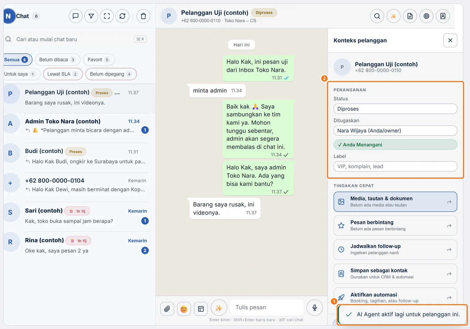 Chat yang sama setelah dikembalikan ke AI Agent, tanpa keterangan dan tombol
