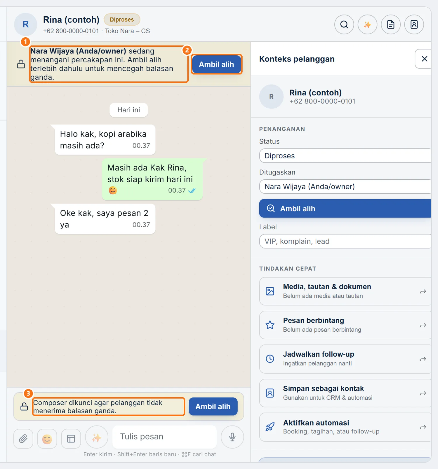 Peringatan chat sedang ditangani rekan dan kolom balasan terkunci