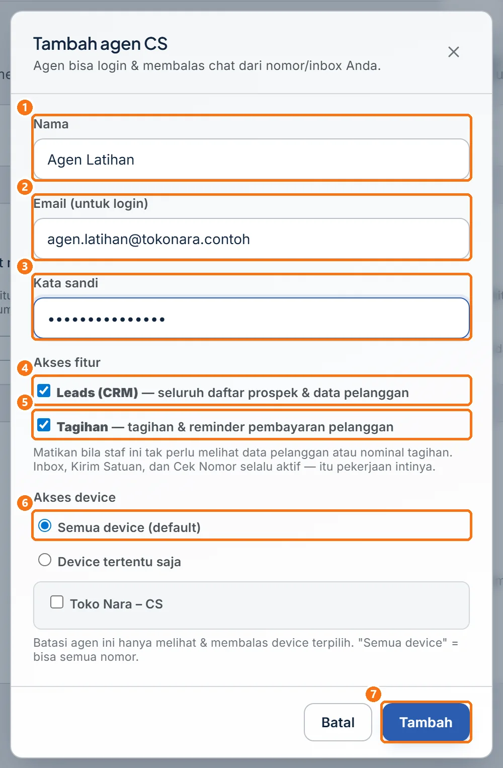 Jendela Tambah agen CS yang sudah diisi nama, email, kata sandi, akses fitur, dan akses device