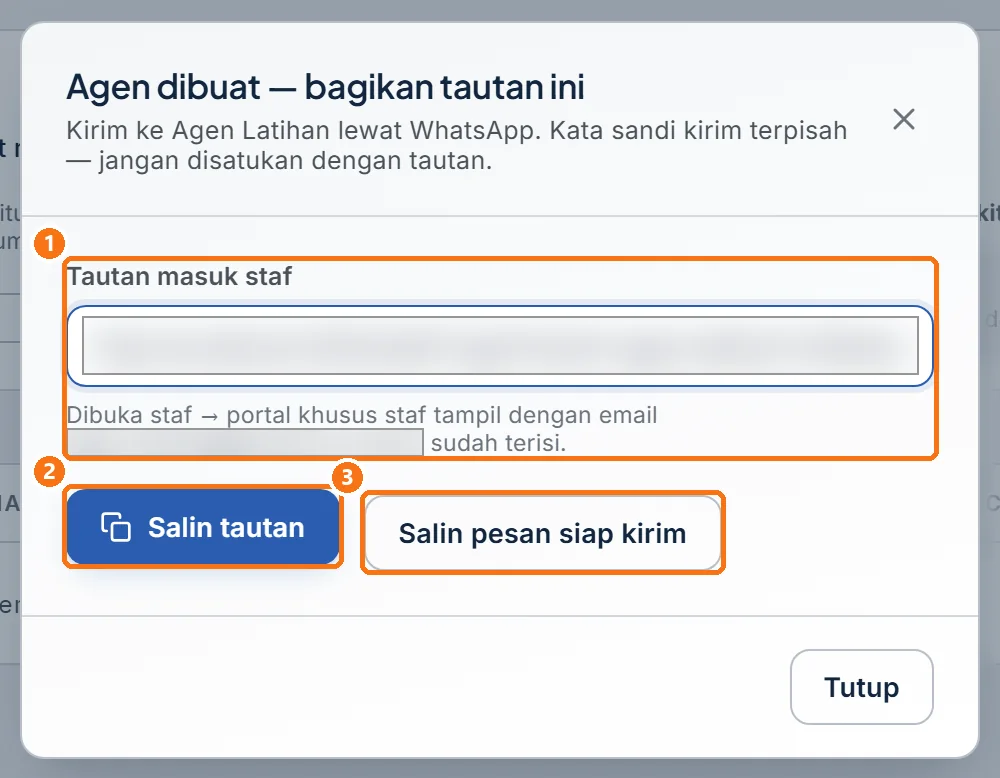 Jendela Agen dibuat berisi tautan masuk staf, tombol Salin tautan, dan tombol Salin pesan siap kirim