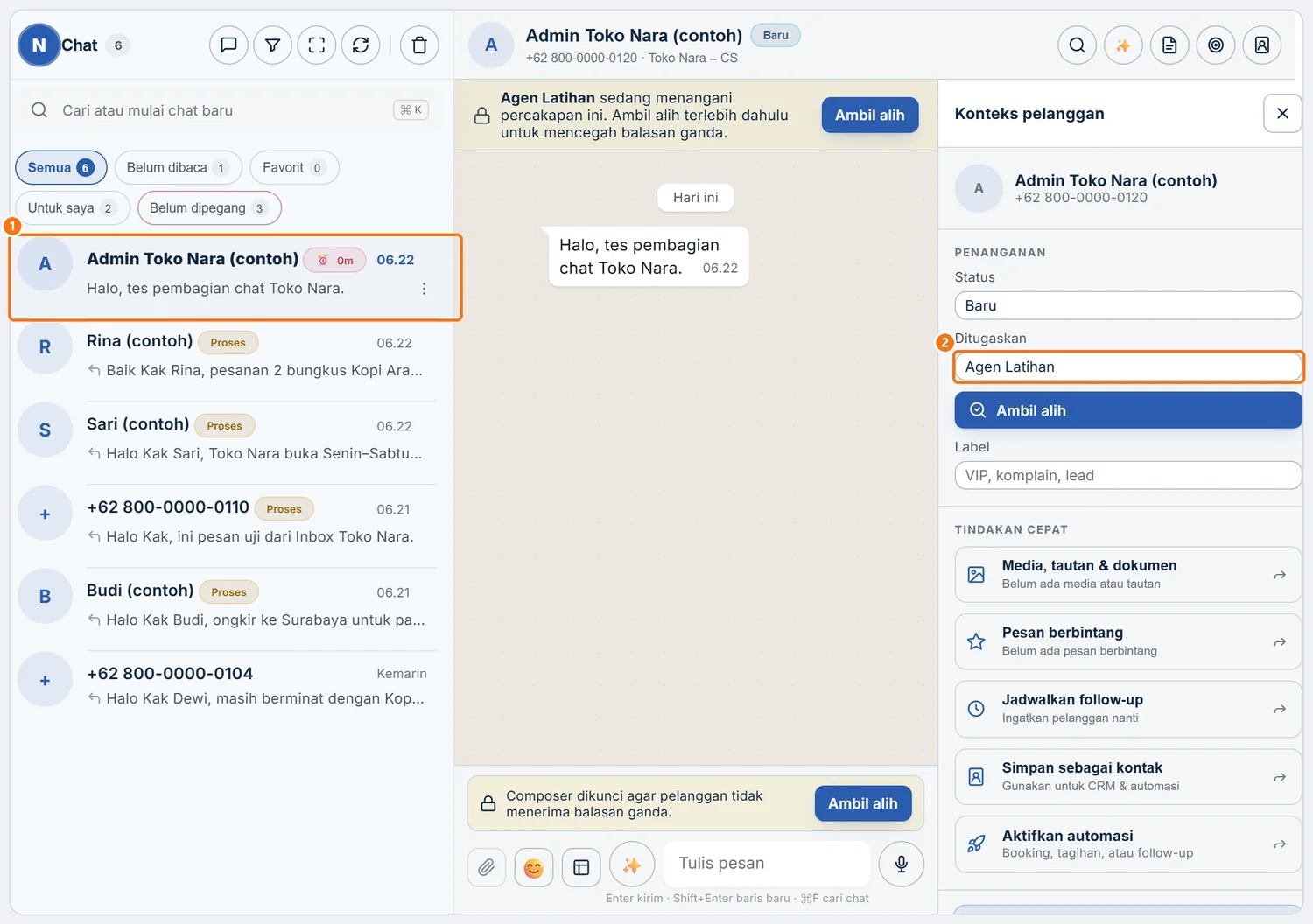 Inbox dengan chat baru yang langsung berisi nama agen di kolom Ditugaskan