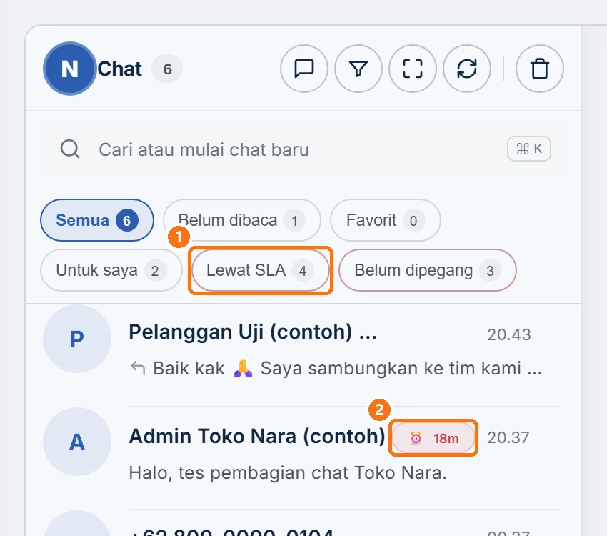 Chip Lewat SLA dan tanda jam di baris chat yang belum dibalas