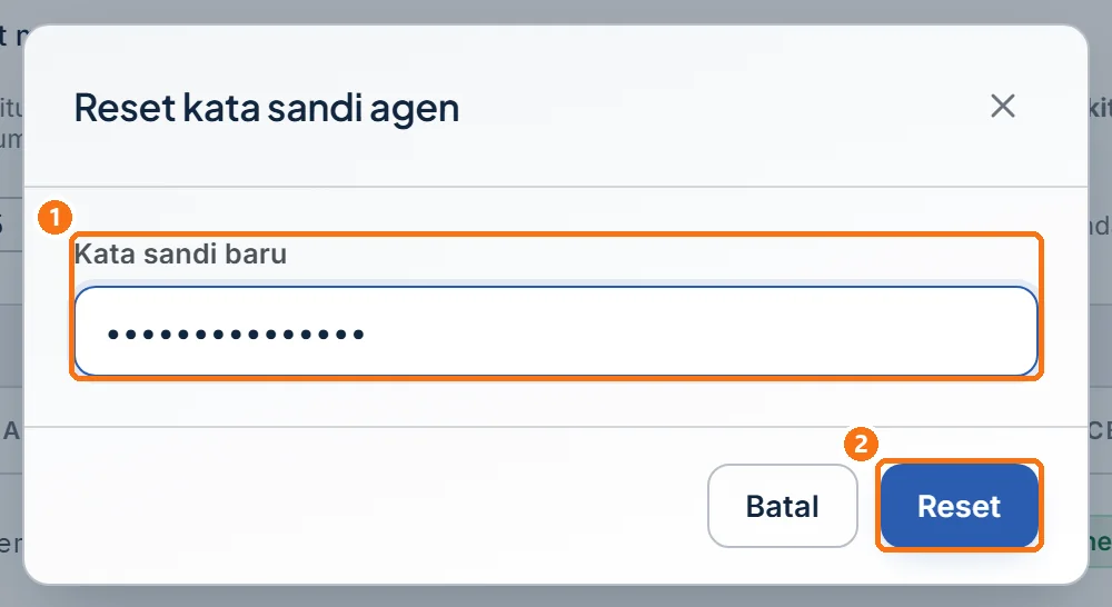 Jendela Reset kata sandi agen