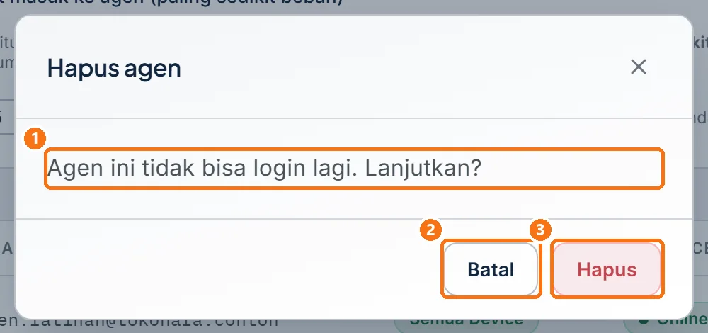 Dialog Hapus agen dengan pesan peringatan, tombol Batal, dan tombol Hapus