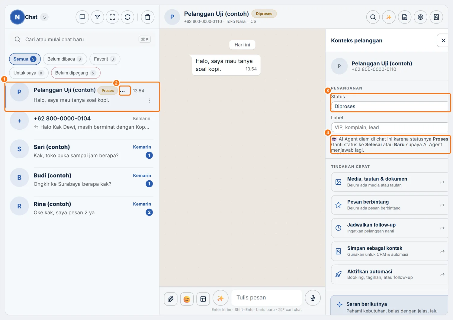Chat berstatus Diproses yang membuat AI Agent diam, dengan catatan di bawah Status