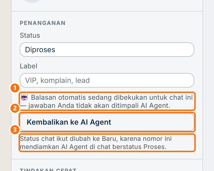 Tombol Kembalikan ke AI Agent dengan kalimat tambahan bahwa status chat ikut diubah ke Baru