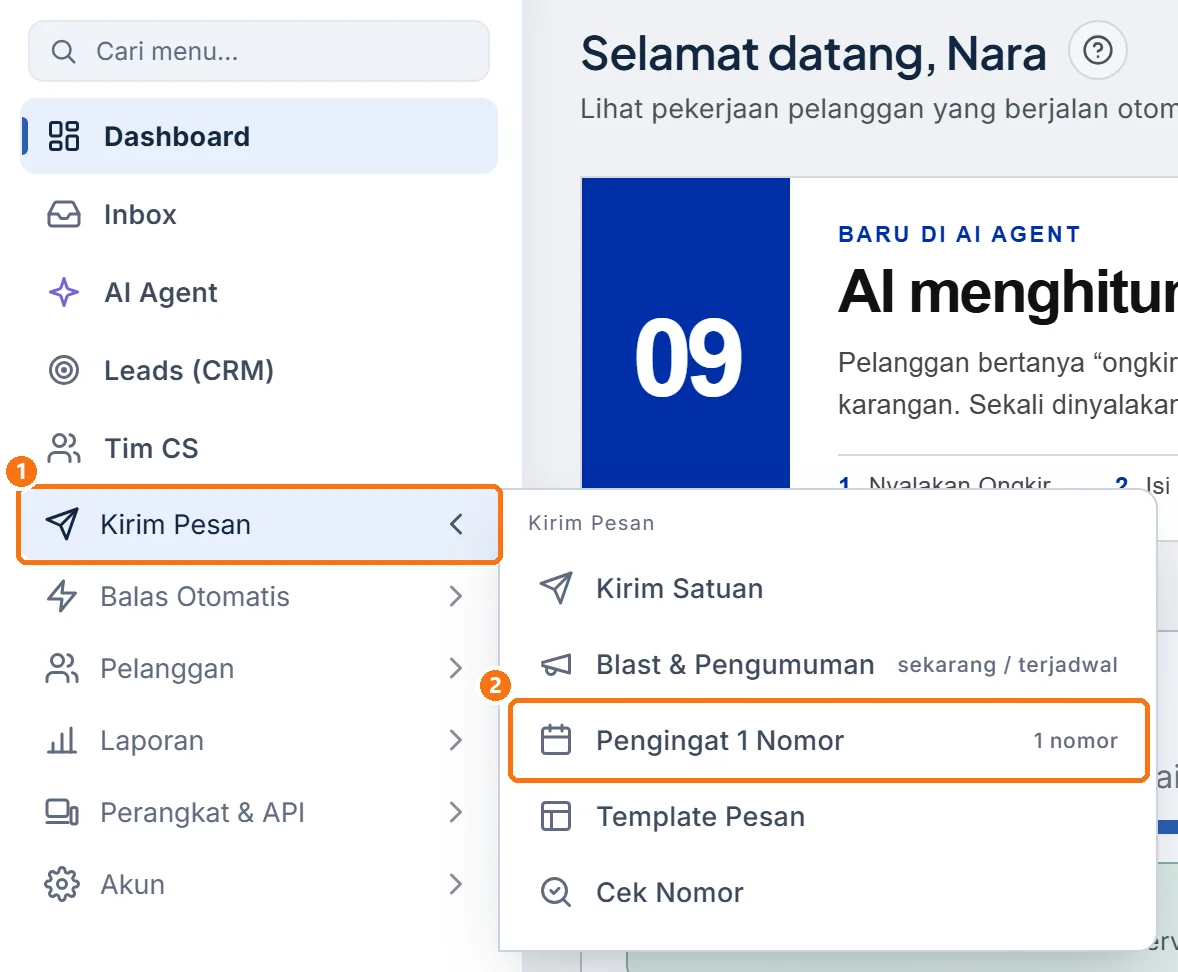 Sidebar dengan kelompok Kirim Pesan terbuka dan menu Pengingat 1 Nomor