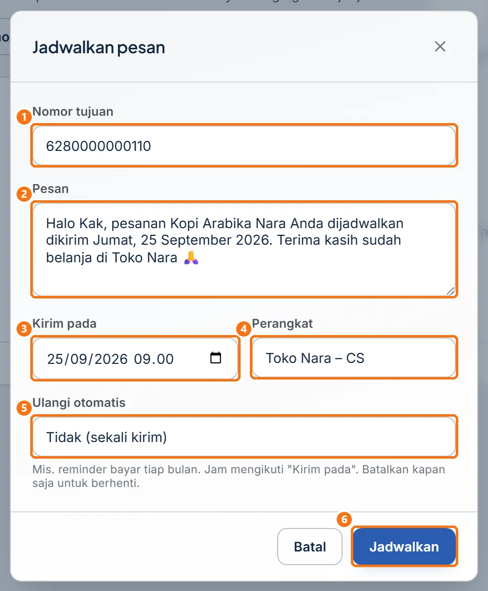Jendela Jadwalkan pesan yang sudah terisi dan siap disimpan