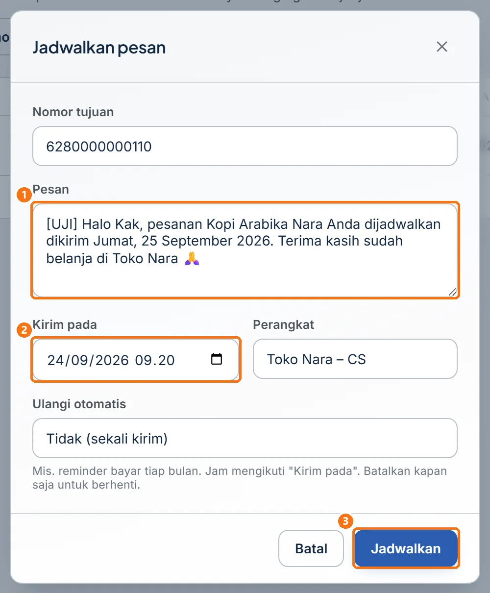 Jendela Jadwalkan pesan berisi jadwal uji dengan waktu kirim beberapa menit dari sekarang