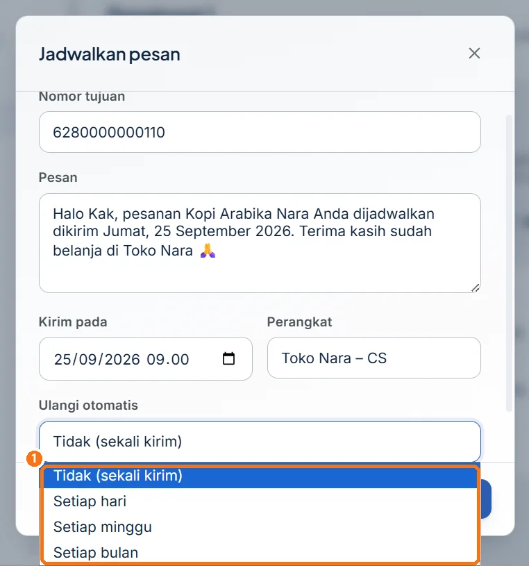 Daftar pilihan Ulangi otomatis yang terbuka
