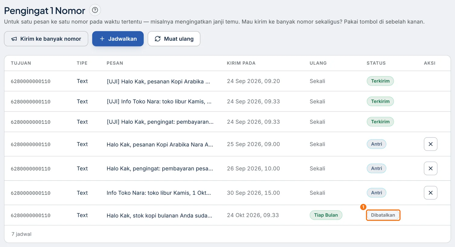 Tabel jadwal dengan status baris berubah menjadi Dibatalkan