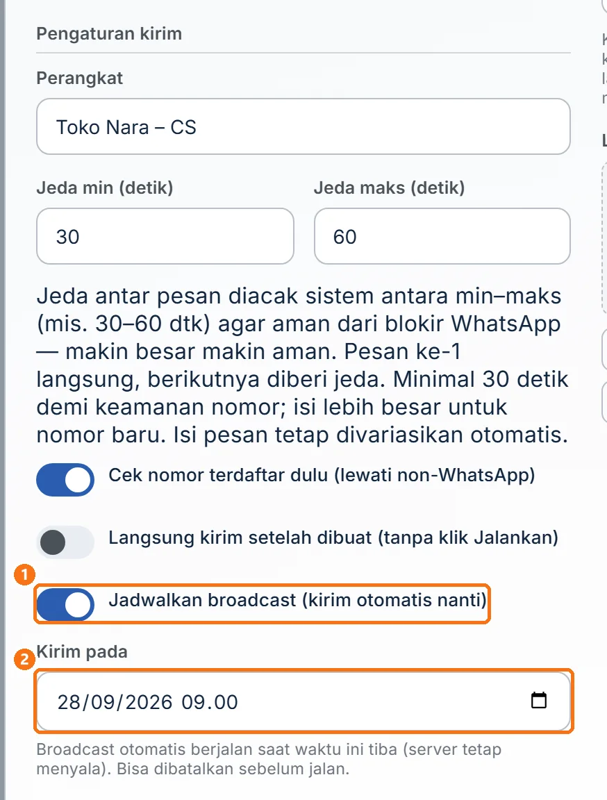 Bagian Pengaturan kirim di jendela Buat campaign dengan jadwal aktif dan kolom Kirim pada