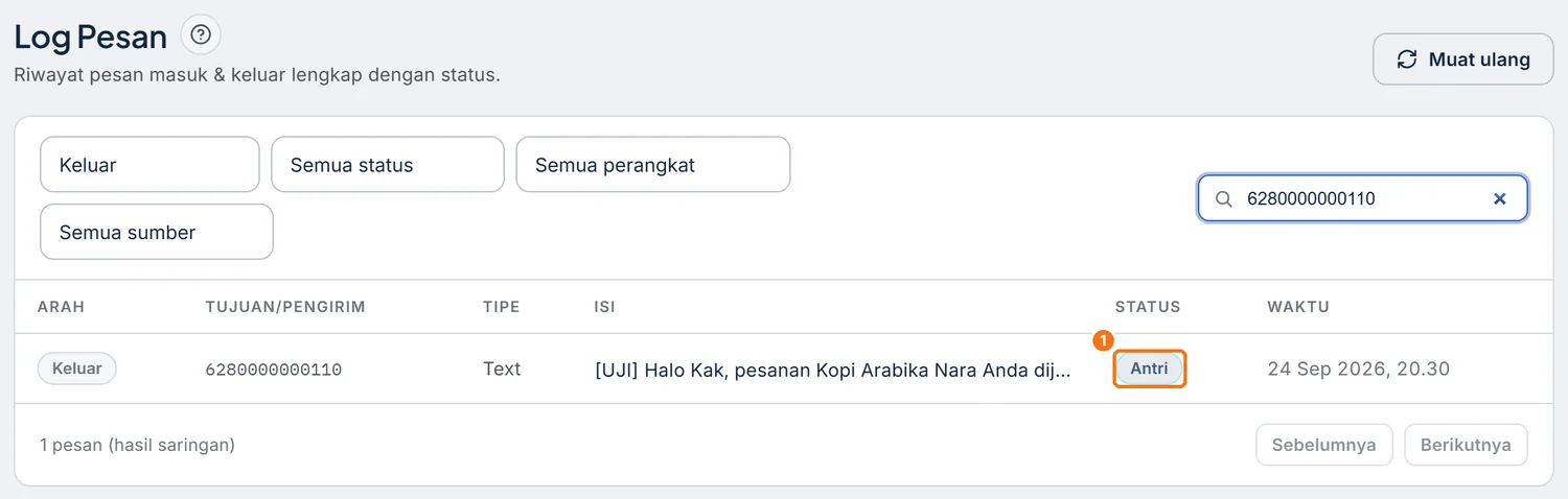 Pesan dari jadwal yang sama masih berstatus Antri di Log Pesan