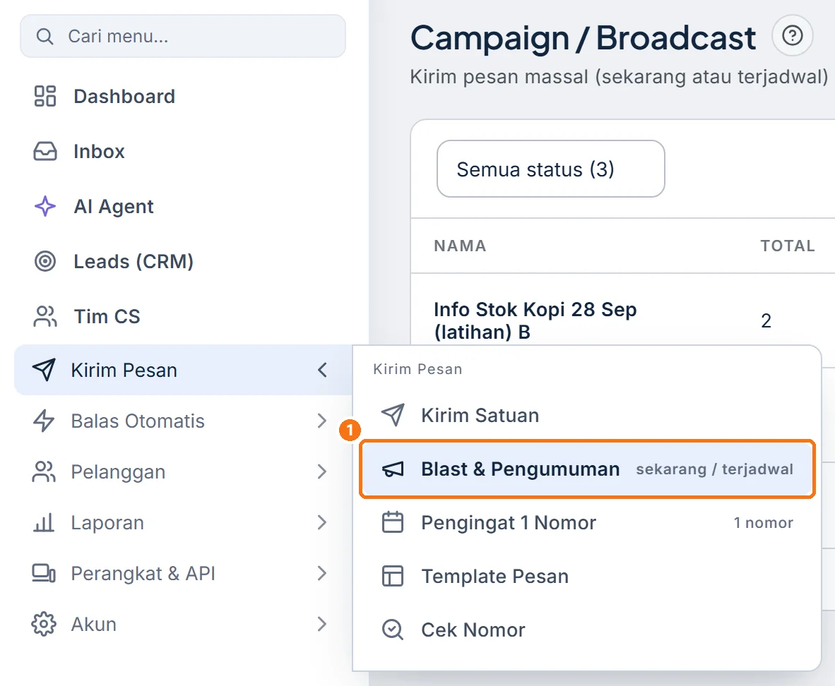Menu Blast & Pengumuman di kelompok Kirim Pesan pada sidebar