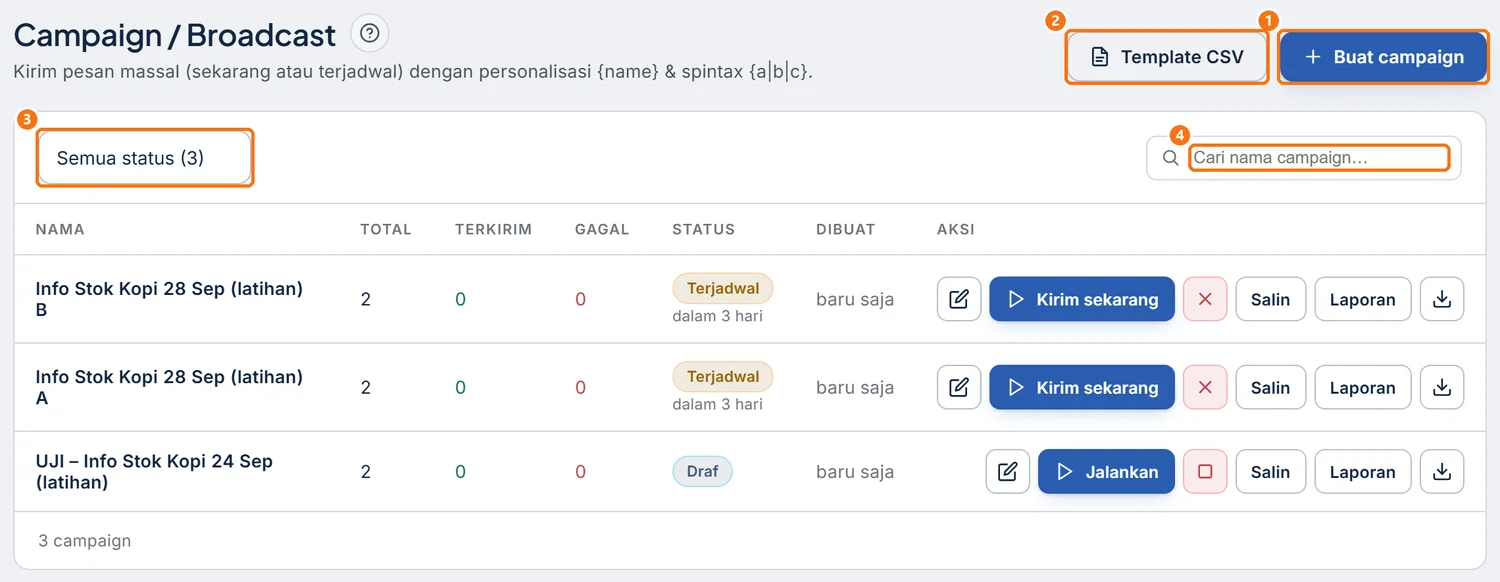Halaman Blast & Pengumuman dengan tombol Buat campaign dan Template CSV