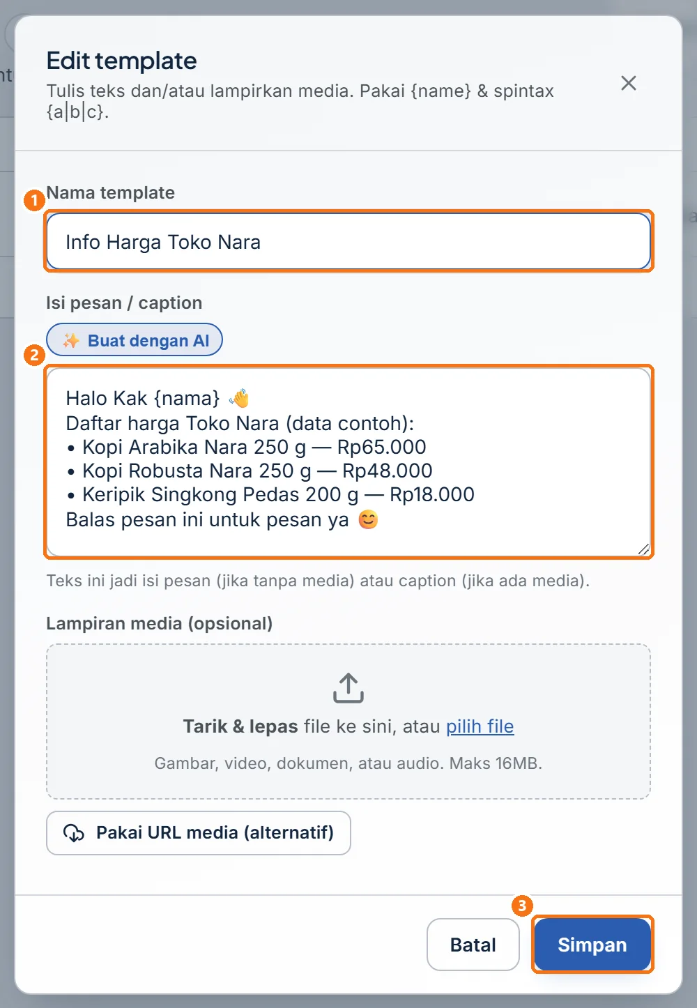 Jendela Edit template berisi nama dan isi template saat ini