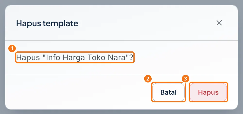 Dialog Hapus template berisi pertanyaan konfirmasi, tombol Batal, dan tombol Hapus
