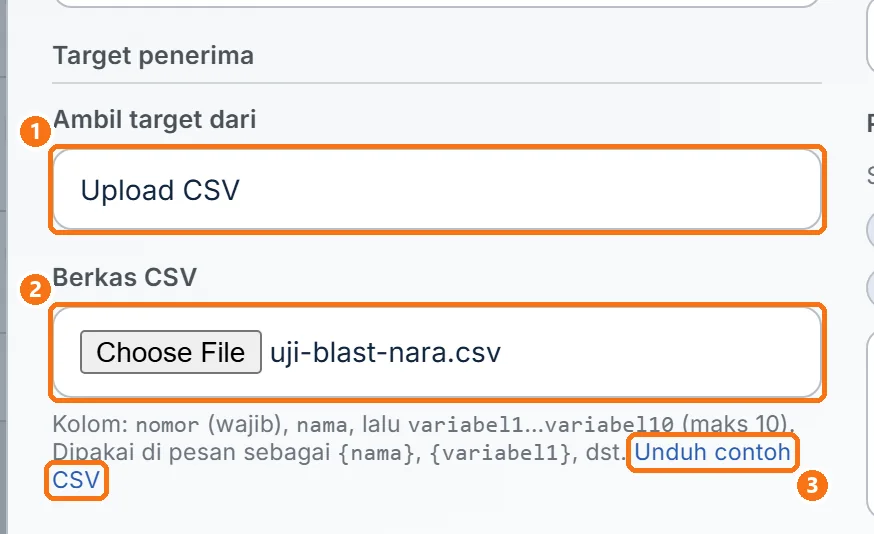 Sumber Upload CSV di jendela Buat campaign, dengan kolom Berkas CSV dan tautan Unduh contoh CSV
