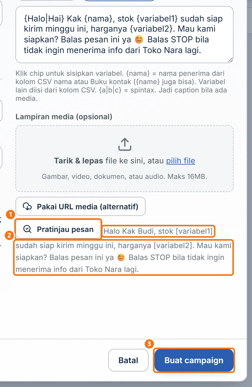 Pratinjau pesan di jendela Buat campaign beserta tombol Buat campaign