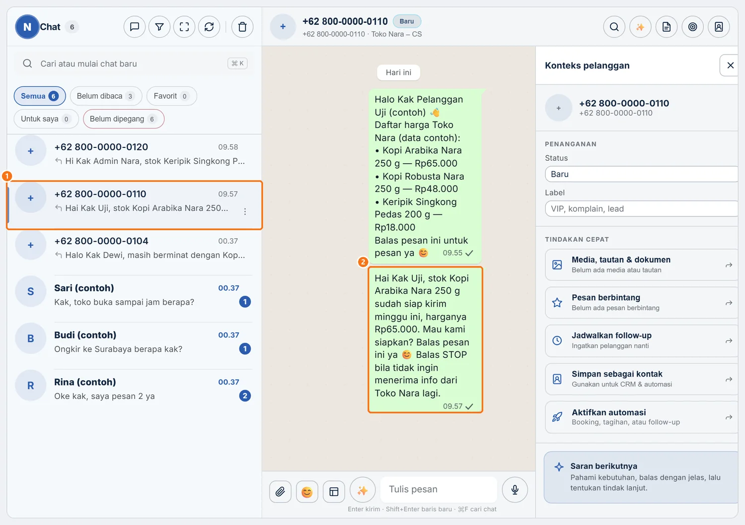 Pesan campaign percobaan tampil sebagai pesan keluar di chat nomor uji pada Inbox