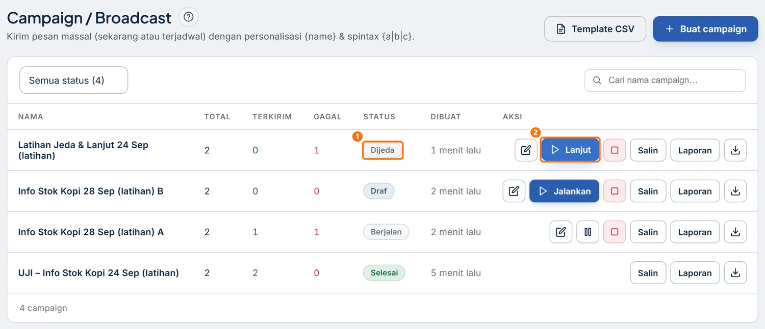 Baris campaign berstatus Dijeda dengan tombol Lanjut