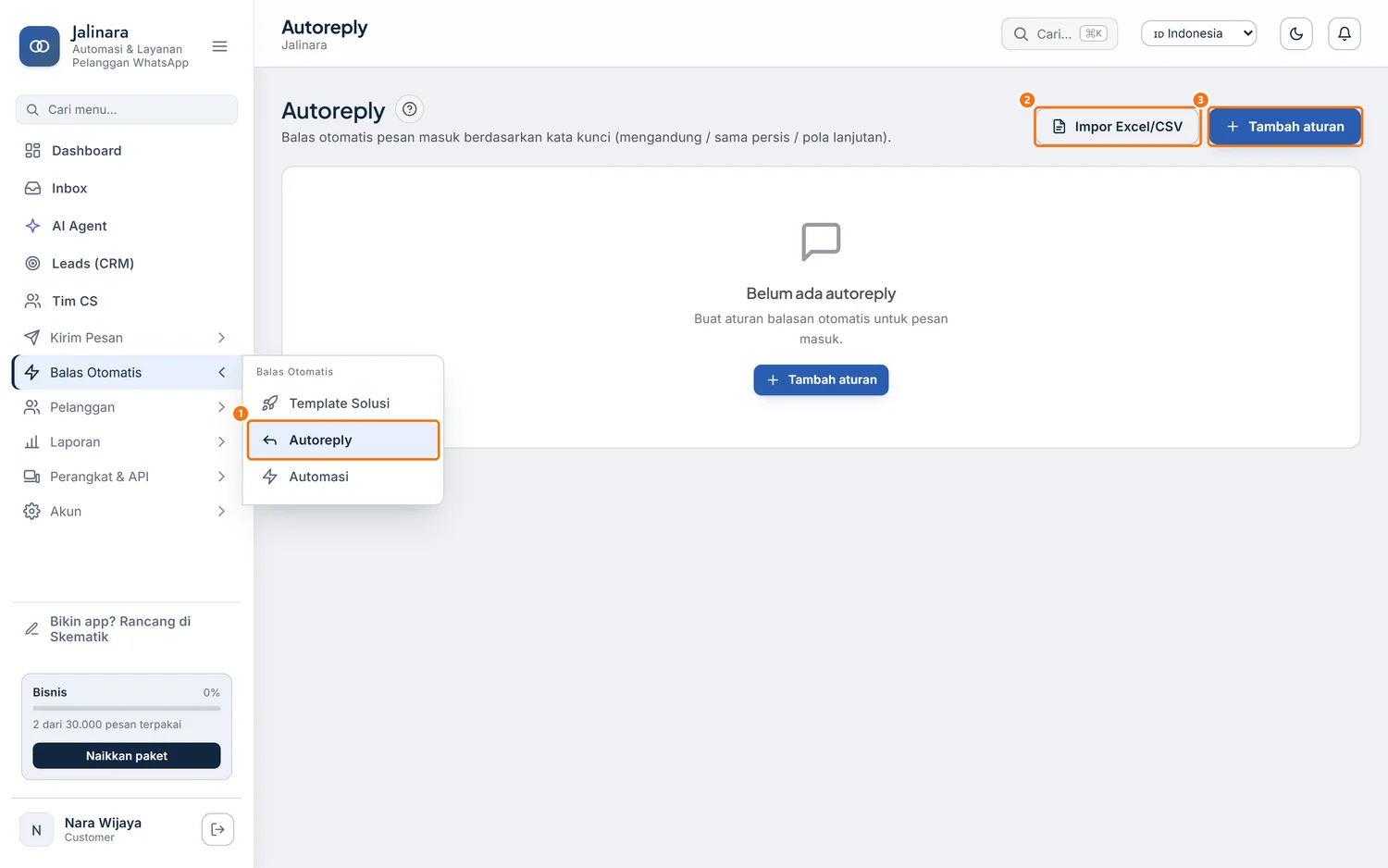Halaman Autoreply saat masih kosong; tombol Impor Excel/CSV ada di kanan atas, letaknya sama bila aturan sudah ada