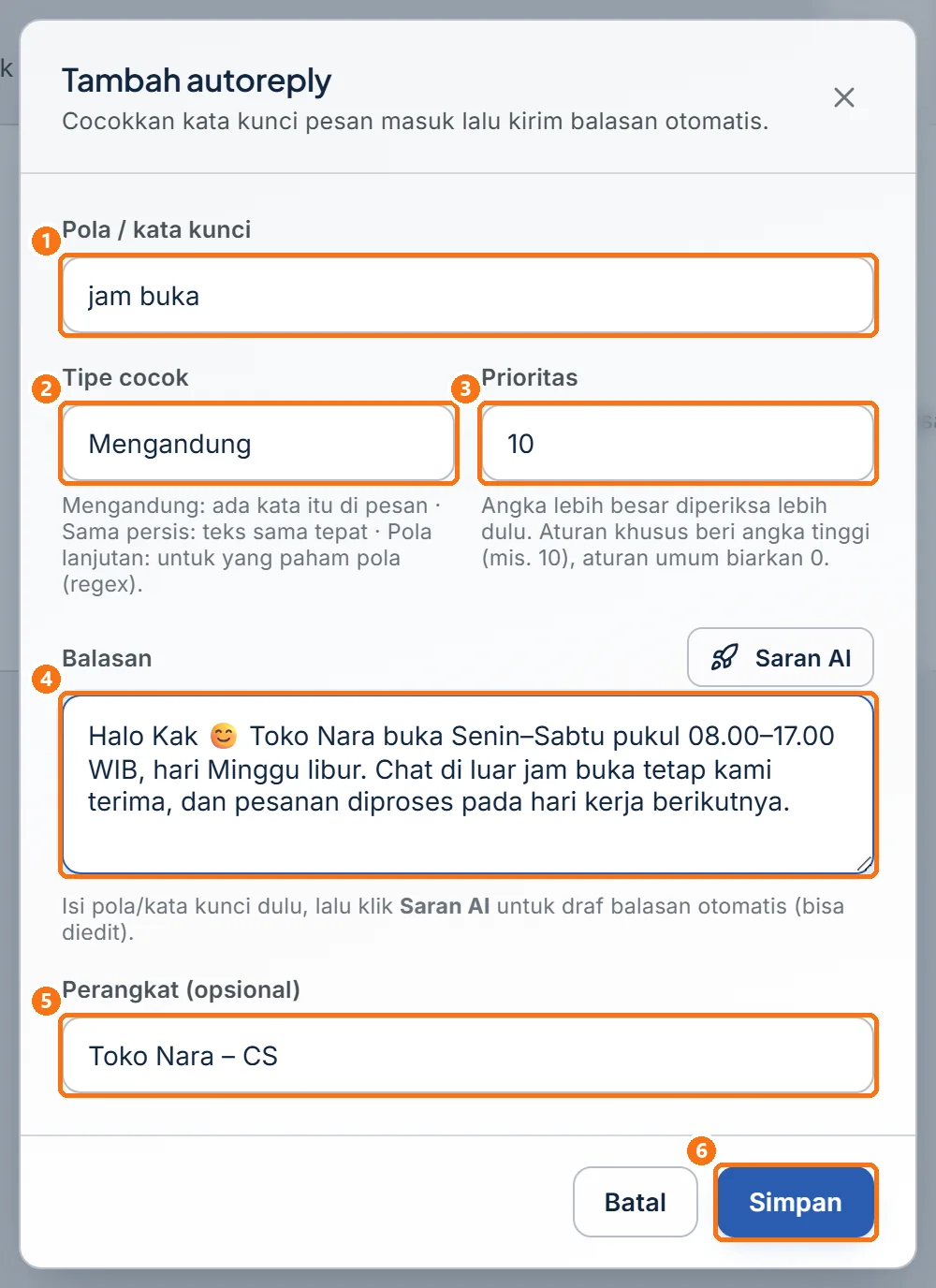 Jendela Tambah autoreply terisi aturan jam buka, dengan tombol Simpan