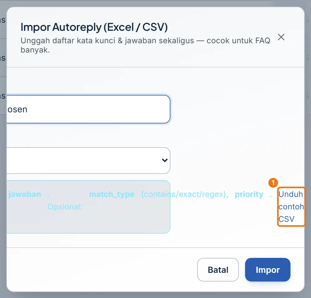Isi jendela impor setelah digeser ke kanan, tautan Unduh contoh CSV terlihat