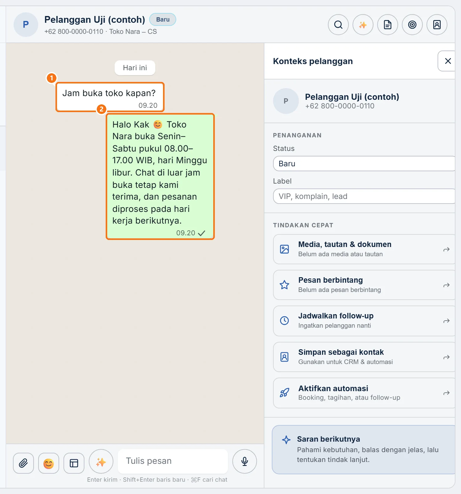 Chat di Inbox: pesan masuk dari pelanggan uji dan balasan Autoreply di bawahnya