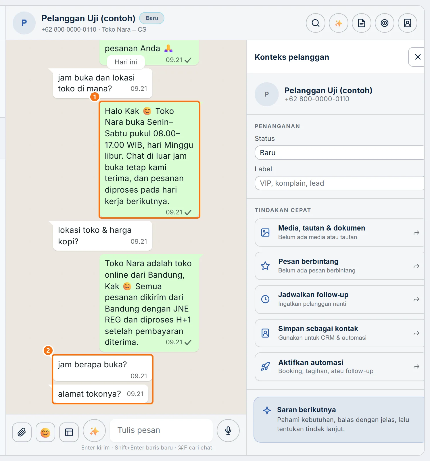 Chat di Inbox: satu balasan untuk pesan yang cocok dengan dua aturan, dan pesan yang tidak cocok tanpa balasan