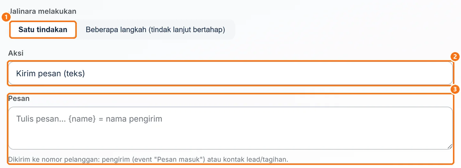 Mode Satu tindakan dengan kotak Aksi dan kolom isian di bawahnya